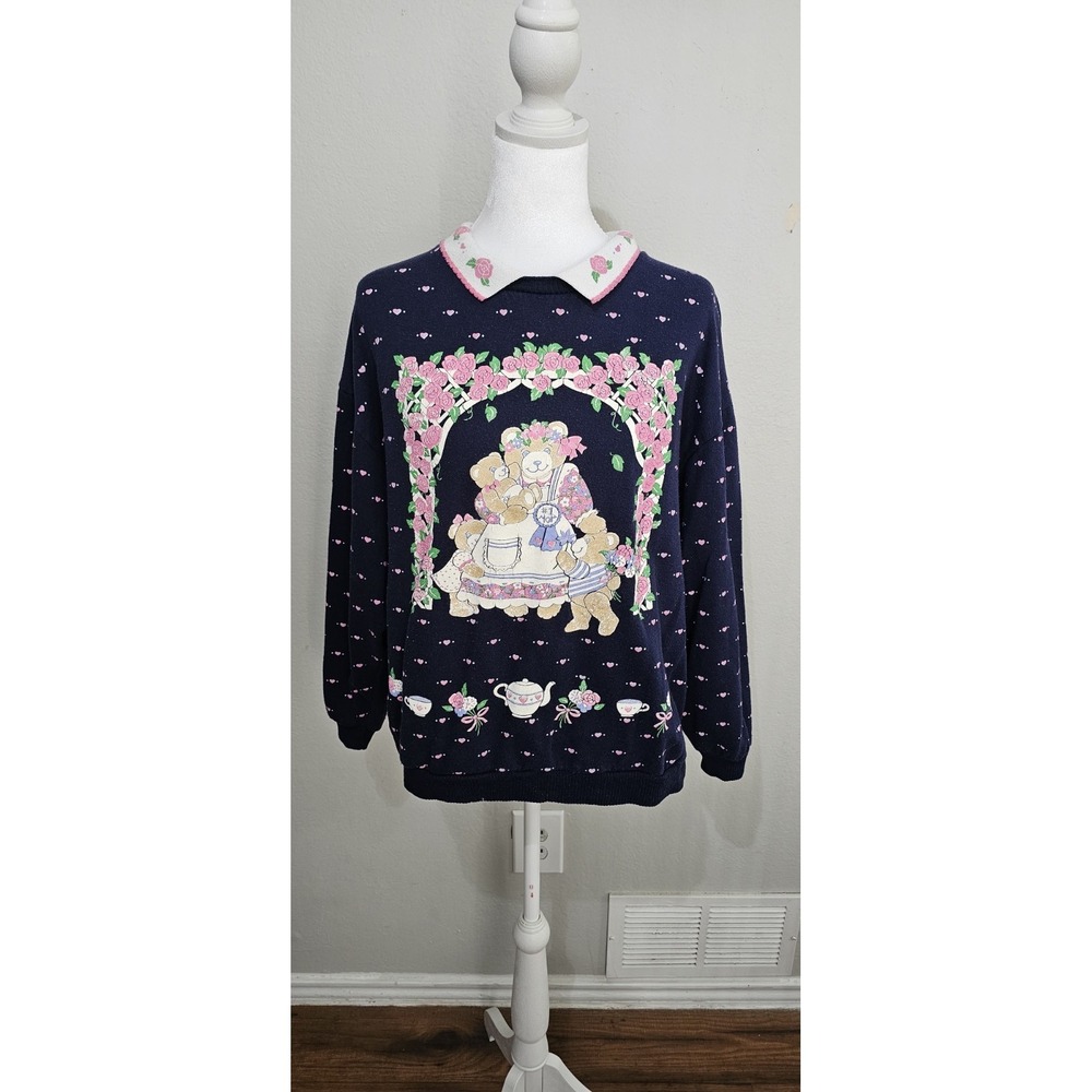Spumoni vintage collared sweatshirt L Navy Blue Pink The‎ 3 Bears Relaxed fit